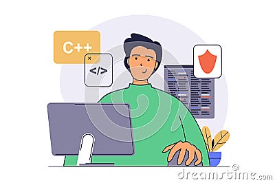 Development concept with cartoon people in flat design for web. Man developer programming and coding apps, using Cartoon Illustration
