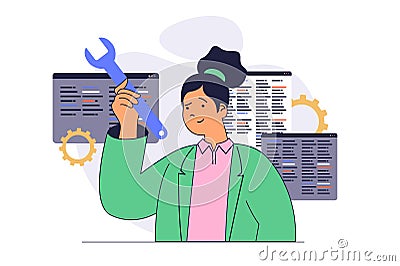 Development concept with cartoon people in flat design for web. Woman programming and coding, examining code and finding Cartoon Illustration