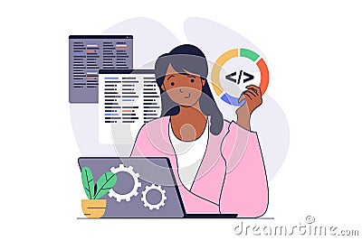 Development concept with cartoon people in flat design for web. Woman programming and coding new products, testing Cartoon Illustration