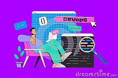 Development concept in modern flat design for web. Developer programming software, monitoring DevOps, engineers project Vector Illustration