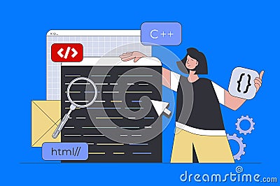 Development concept in modern flat design for web. Woman programming and working with code, creating and preparing Vector Illustration