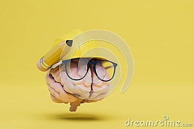 development of a construction plan. brain in glasses, with a pencil and in a construction helmet. copy paste. 3D render Stock Photo