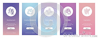 Development, Creative research, Share ideas, Big idea, Inspiration Vertical Cards with strong metaphors. Vector Illustration