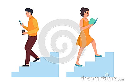 Development and degradation. Woman reading book and going upstairs. Self improvement. Guy playing game on phone. Man Vector Illustration