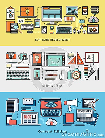 Development, design and content editing banner set Vector Illustration