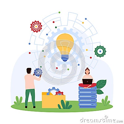 Development of digital project, automation tech solution of innovation by tiny people Vector Illustration