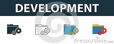 Development icon set. Four simple symbols in diferent styles from web development icons collection. Creative development icons Stock Photo