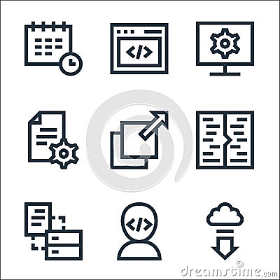 development line icons. linear set. quality vector line set such as download, programmer, database, information, layers, monitor, Vector Illustration