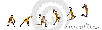 Development of motions. Collage. Young man, basketball player in action isolated over white studio background. Flyer Stock Photo