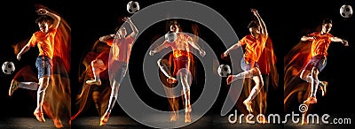 Development of motions. Young man, football soccer player in action isolated over dark background in neon mixed colored Stock Photo