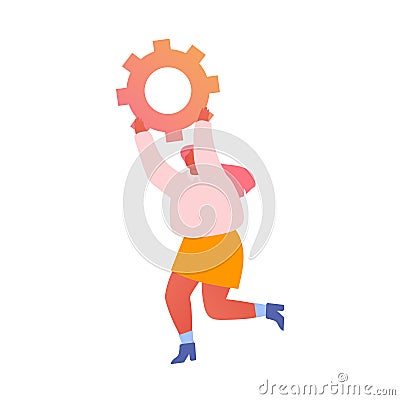 Development, Optimization and Business Process Concept. Cheerful Businesswoman Running with Huge Cogwheel Vector Illustration