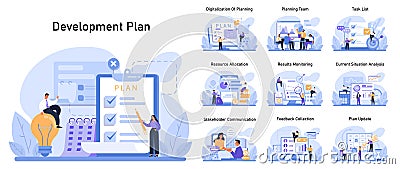 Development Plan set. Professionals navigate project phases. Vector Illustration