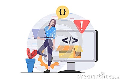 Development and programming concept in modern flat design for web. Woman developer creating software product at laptop, testing Vector Illustration