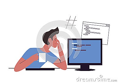 Development software engineer analyzing code with coffee mug Vector Illustration
