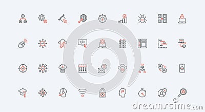 Development of software, mobile application, operate digital data system line icon set Vector Illustration