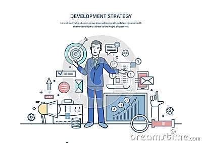 Development strategy, preparation effective business project, planning, budget saving. Vector Illustration