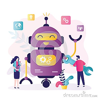 Development team customizes and improves chatbot. Engineer with wrench repairs robot Vector Illustration