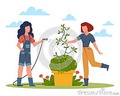 Development of thinking. Memory improvement, creative progress and process, women watering plant, self and professional Vector Illustration
