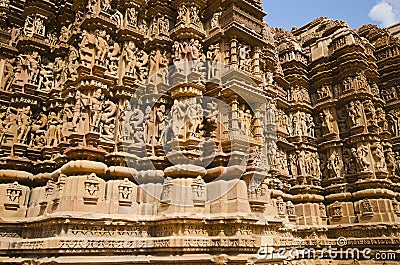 DEVI JAGDAMBA TEMPLE, South Wall - Sculptures, Western Group, Khajuraho, Madhya Pradesh, UNESCO World Heritage Site Stock Photo