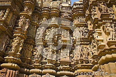 DEVI JAGDAMBA TEMPLE, South Wall - Sculptures, Western Group, Khajuraho, Madhya Pradesh, UNESCO World Heritage Site Stock Photo