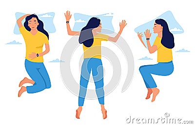 Young woman sleeping in bed in different positions.Girl with fitness tracker on her wrist. Vector Illustration