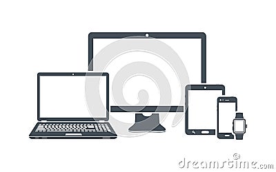 Device icons: desktop computer, laptop, smart phone, tablet and smart watch Vector Illustration