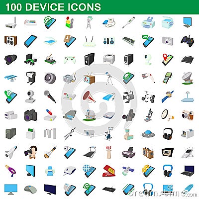 100 device icons set, cartoon style Vector Illustration