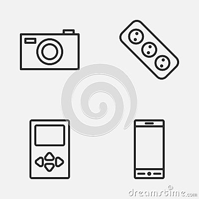 Device Icons Set. Collection Of Player, Extension Cord, Digital Camera And Other Elements. Also Includes Symbols Such As Vector Illustration