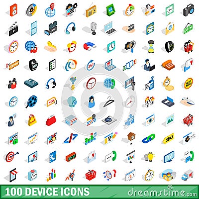 100 device icons set, isometric 3d style Vector Illustration