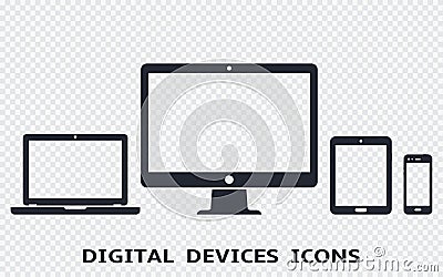 Device icons set: smartphone, tablet, laptop and desktop computer. Vector illustration of responsive web design. Vector Illustration