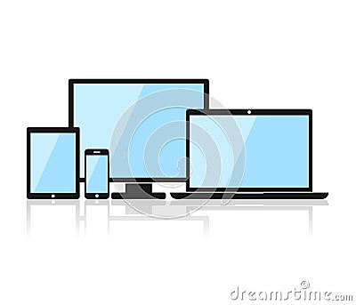 Device Icons: smartphone, tablet, laptop and desktop computer. Black device in flat style isolated on white background Stock Photo