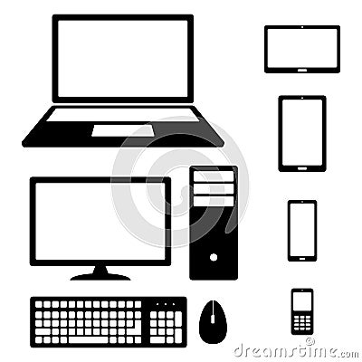 Device Icons smartphone, tablet, laptop, desktop computer, phone, keyboard and mouse Vector Illustration