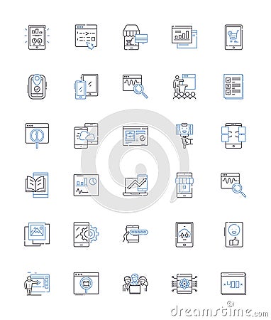 Device line icons collection. Tablet, Laptop, Smartph, Camera, Printer, Scanner, Monitor vector and linear illustration Vector Illustration