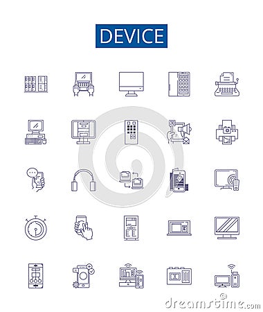 Device line icons signs set. Design collection of Device, Gadget, Tool, Equipment, Implement, Gizmo, Contraption Vector Illustration