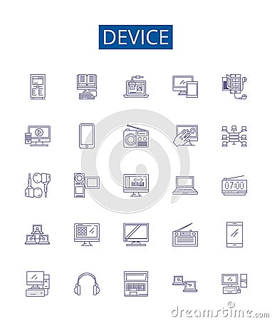 Device line icons signs set. Design collection of Device, Gadget, Tool, Equipment, Implement, Gizmo, Contraption Vector Illustration
