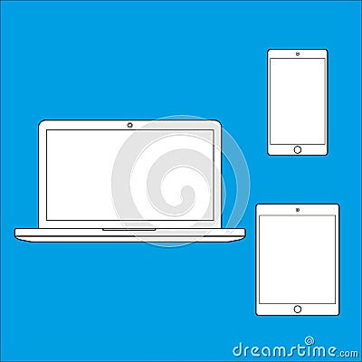 Device mockup template. Set of computer monitor, computer, laptop, phone, tablet isolated on green background. Flat vector Vector Illustration