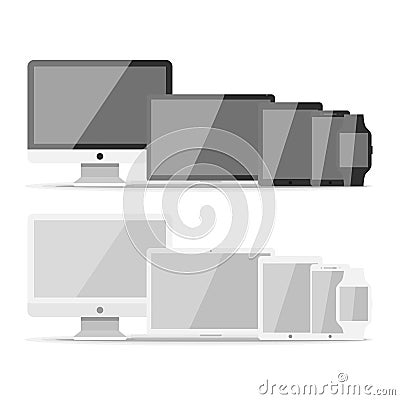 Device mockup template. Set of computer monitor, computer, laptop, phone, tablet isolated on green background. Flat Vector Illustration