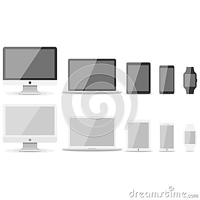 Device mockup template. Set of computer monitor, computer, laptop, phone, tablet isolated on green background. Flat Vector Illustration