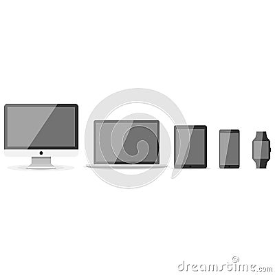 Device mockup template. Set of computer monitor, computer, laptop, phone, tablet isolated on green background. Flat Vector Illustration