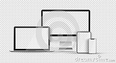 Device set with empty screen. Blank computer monitor, phone, tablet and laptop Vector Illustration