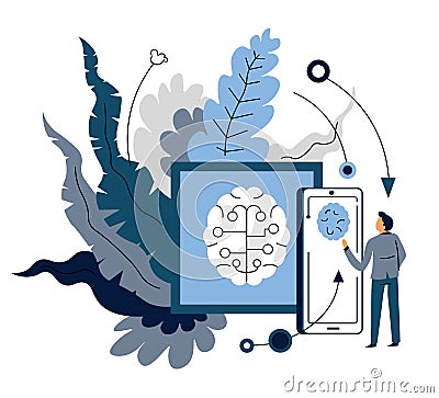 Device synchronization through artificial intelligence mobile app and user Vector Illustration