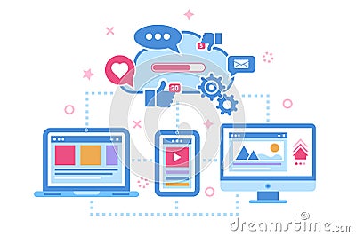 Device synchronization. Cloud storage data concept Cartoon Illustration