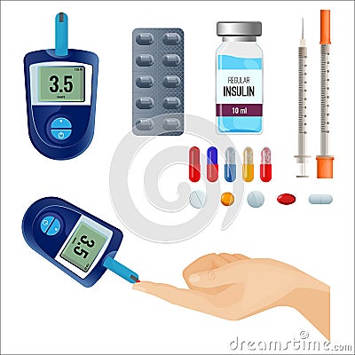 Device to measure sugar level and medicines for diabetes Vector Illustration