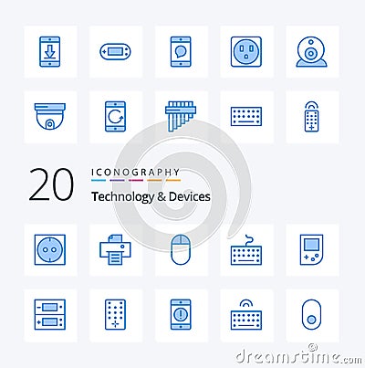 20 Devices Blue Color icon Pack like print socket psp electric message Vector Illustration