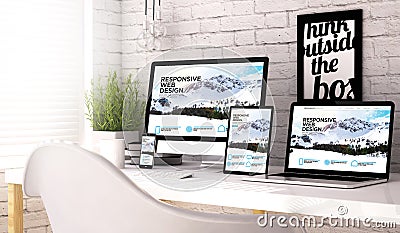 Devices collection workplace with responsive website Stock Photo