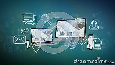 Devices connected to a cloud multimedia network 3d rendering Stock Photo