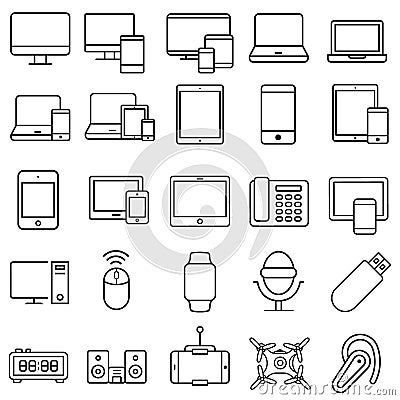 Devices icon vector set. Electronics illustration sign collection. Computers and mobile phones symbol. Vector Illustration