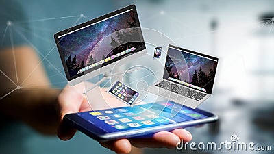 Devices like smartphone, tablet or computer flying over connection network - 3d render Editorial Stock Photo