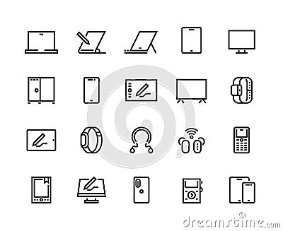 Devices line icons. Desktop computers, electronic devices and wearable gadgets, outline PC and smartphone pictograms Vector Illustration