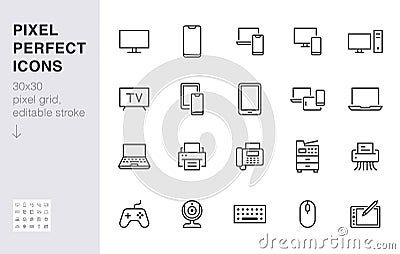 Devices line icons set. Computer, laptop, mobile phone, fax, scanner, smartphone minimal vector illustrations. Simple Vector Illustration